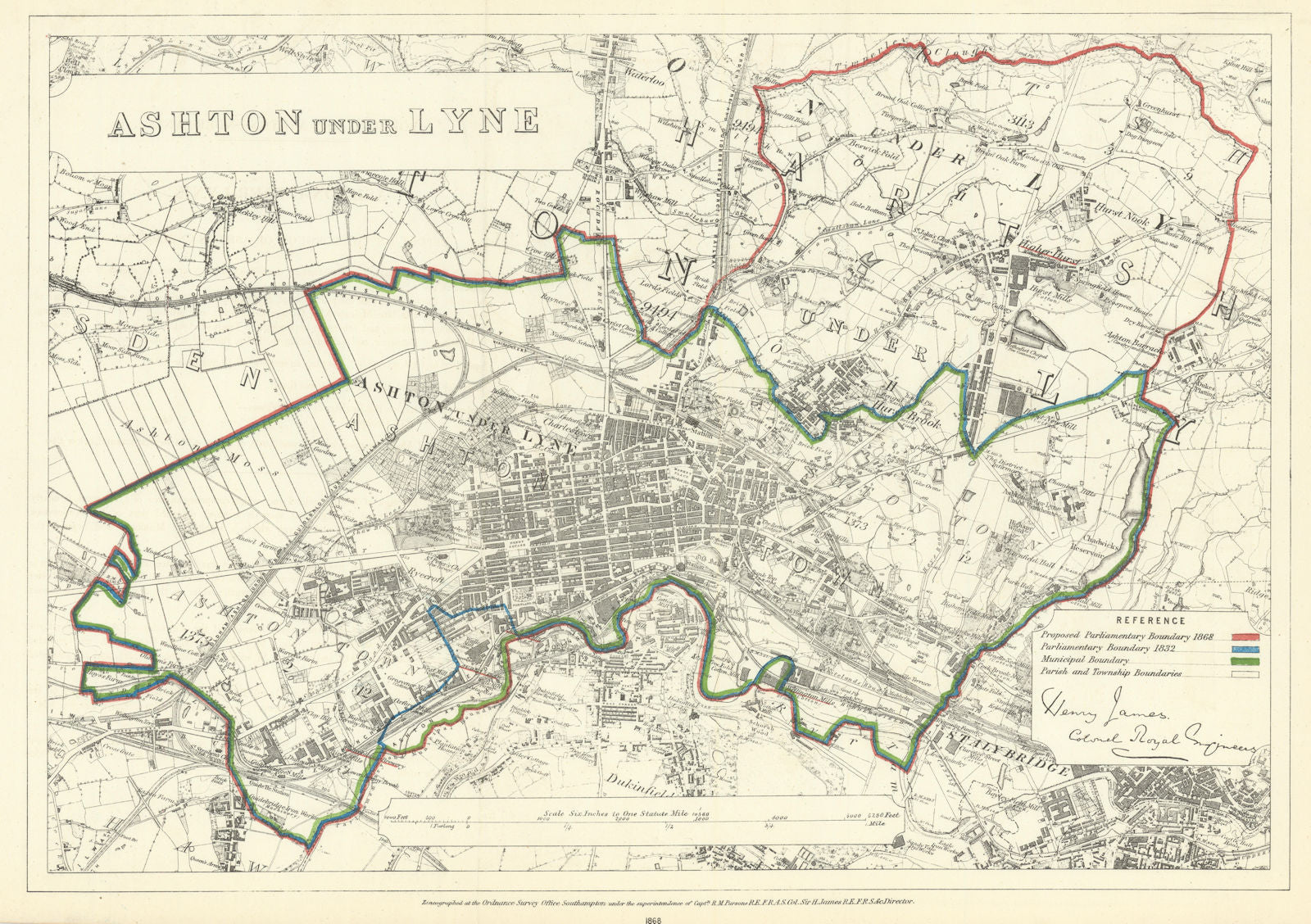 Ashton-under-Lyne, Lancashire. JAMES. Parliamentary Boundary Commission 1868 map